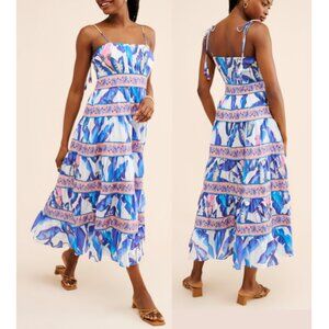 Farm Rio Off-White Blue Foliage Cotton Straps-Beaded-Tassels Midi Dress XL $248